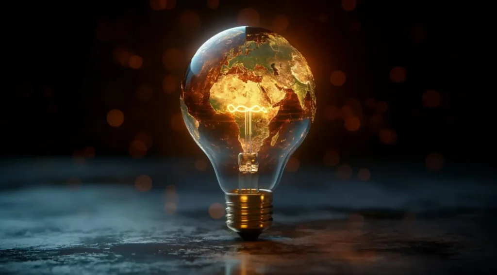 Uma lâmpada acesa exibe um mapa iluminado da Terra em destaque, representando a eficiência energética.