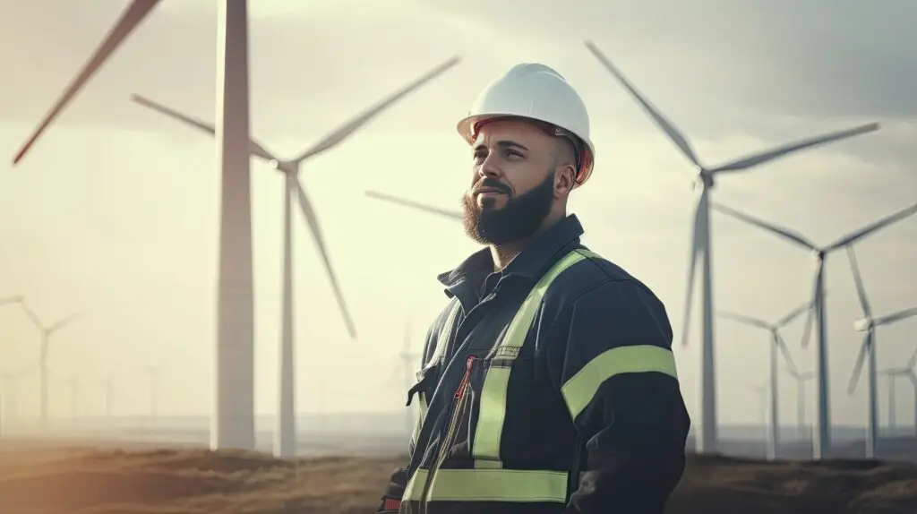 Um homem barbudo, usando capacete branco e jaqueta refletiva de segurança, está ao ar livre com um olhar confiante. Ao fundo, grandes turbinas eólicas se destacam contra o céu nublado, simbolizando o setor de energia durante o Brazil Windpower. A Tecnogera está presente, levando soluções inovadoras para esse cenário.