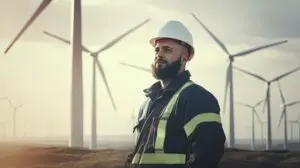 Um homem barbudo, usando capacete branco e jaqueta refletiva de segurança, está ao ar livre com um olhar confiante. Ao fundo, grandes turbinas eólicas se destacam contra o céu nublado, simbolizando o setor de energia durante o Brazil Windpower. A Tecnogera está presente, levando soluções inovadoras para esse cenário.