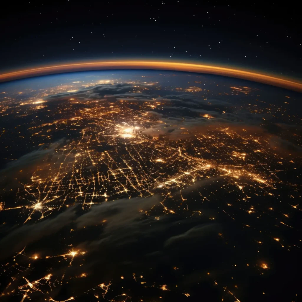 A imagem mostra a Terra vista do espaço à noite, com uma rede brilhante de luzes das cidades iluminando os continentes e algumas nuvens ao fundo. A borda azulada da atmosfera destaca o sonho por um mundo mais sustentável sob o céu estrelado. A Tecnogera está conectada a esse futuro, fornecendo energia que ilumina vidas e inspira novos caminhos.