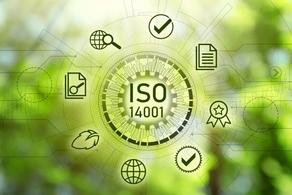 Na imagem, a ISO 14001 está no centro de um círculo com ícones ambientais. O fundo verde reforça o foco sustentável da Tecnogera.