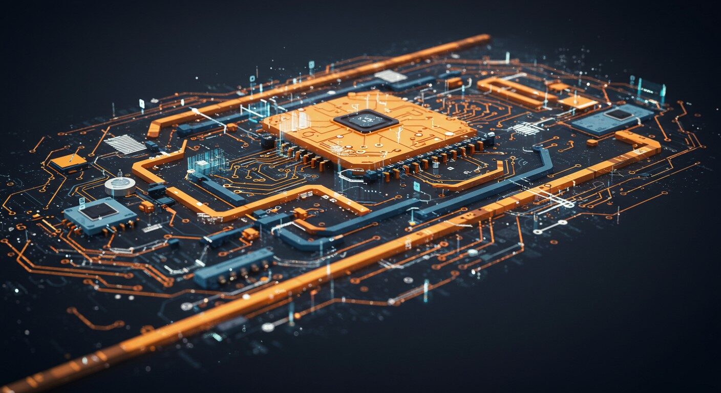 Ilustração digital mostrando um microchip e um circuito, destacando a tecnologia e a segurança dos contratos e termos da Tecnogera.