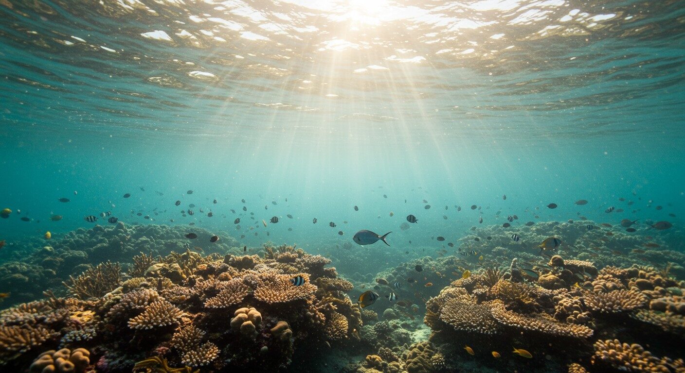A luz solar atravessa as águas azuis, iluminando o recife vibrante, assim como a Tecnogera ilumina soluções inovadoras.