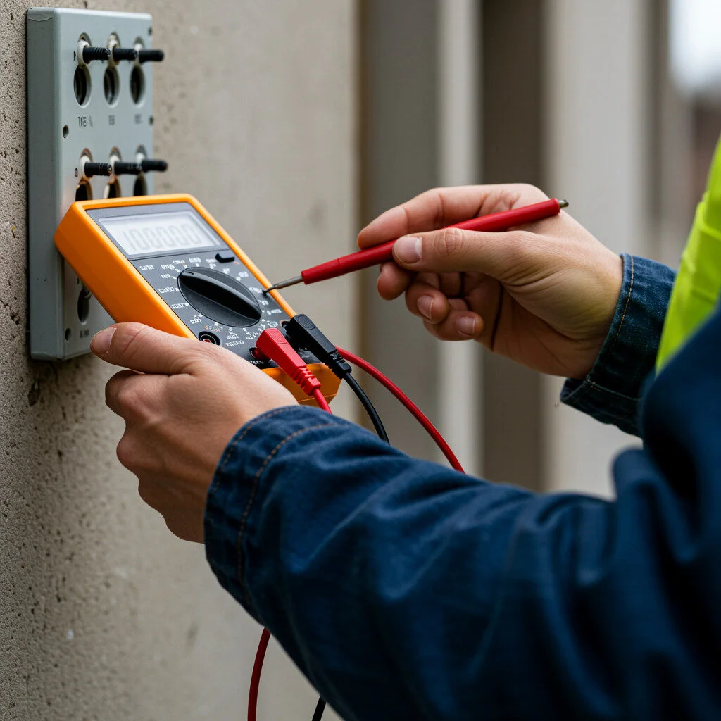 Profissional usando multímetro digital para medir tensão elétrica em painel, seguindo práticas seguras.