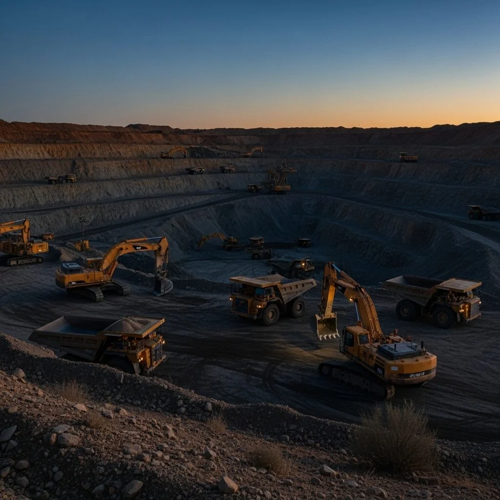 Mina a céu aberto ao anoitecer com escavadeiras e caminhões em camadas de terraços. Geradores tecnológicos mantêm a mineração ativa em terreno desafiador.