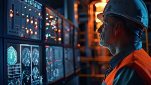 Profissional com capacete e colete, monitorando a energia em tempo real.