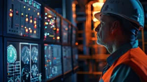 Profissional com capacete e colete, monitorando a energia em tempo real.