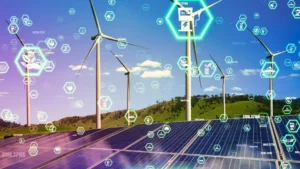 Painéis solares e turbinas eólicas em colinas verdes sob um céu azul, com ícones para microrredes e energia local, representam o foco da Tecnogera em inovação e resiliência.