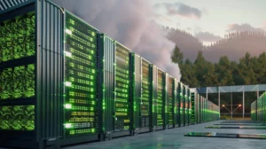 Servidores modernos, iluminados e ao ar livre, integram tecnologia à natureza com colinas verdes e céu parcialmente nublado.