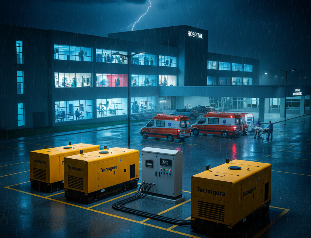 À noite, sob chuva intensa e relâmpagos, os geradores amarelos Tecnogera garantem energia contínua ao hospital moderno e seguro.