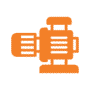 O ícone laranja de uma bomba ou motor industrial em perfil, com alças, representa a confiabilidade da Tecnogera em um fundo cinza claro.